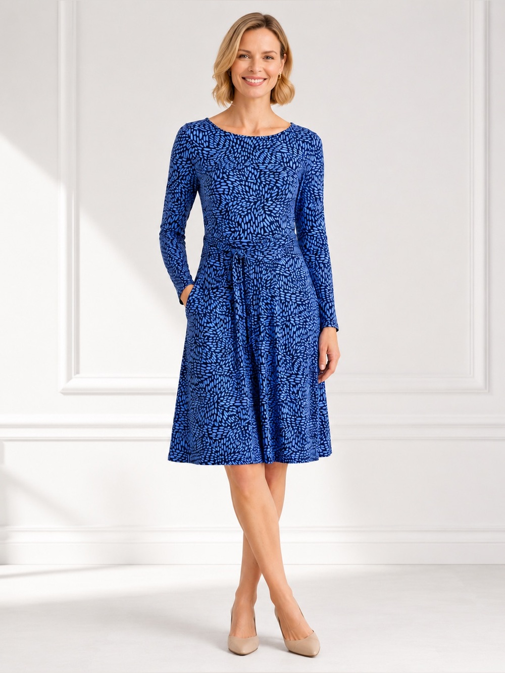 Boden Abigail Viscose Jersey Midi Dress‎ Blue Abstract Boat Neck Pockets US 12